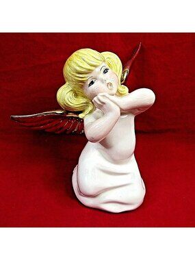 Atlantic Mold Praying Angel Figurine 1982 Gold Wings Hand Painted 8 Inches Tall